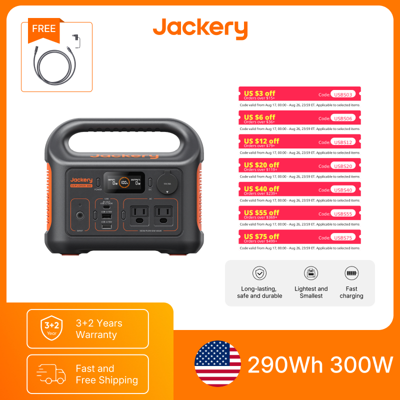Solar Powered Charger - Jackery ポータブル電源 エクスプローラー300New 5m延長コード付き、アウトドアキャンプ、旅行用ソーラー発電機